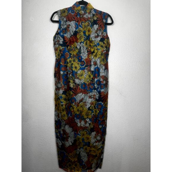 Vintage Unbranded Midi Dress Blue Yellow Floral Side Zip Sleeveless Sz M - Picture 1 of 3